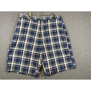 Tres Bien Mens Plaid Shorts Size 36 Blue Green Cotton Flat Front Casual 0548‎